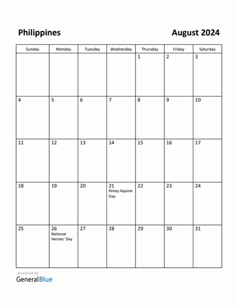 Free Printable August 2024 Calendar For Philippines