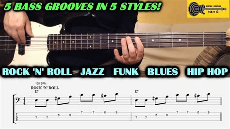 5 Bass Lines In 5 Styles Easy Bass Grooves Lesson With Tab Sheet Youtube