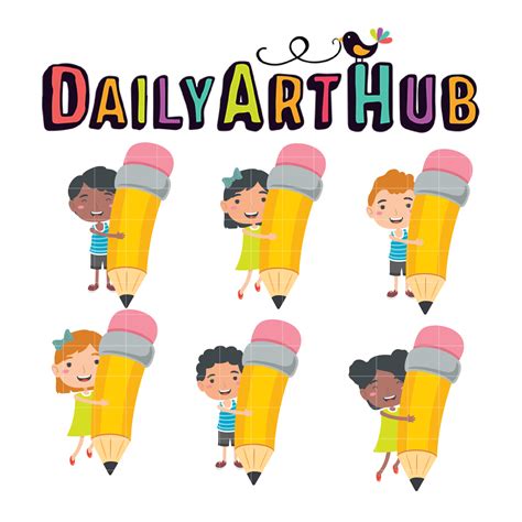 Kids Holding Pencil Clip Art Set Daily Art Hub Graphics Alphabets