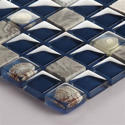 Dark Blue Glass Mosaic Glossy Tile Resin Shell Gray Stone Backsplash