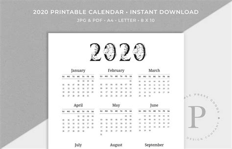 2020 Year At A Glance Printable Annual Calendars Planner Etsy