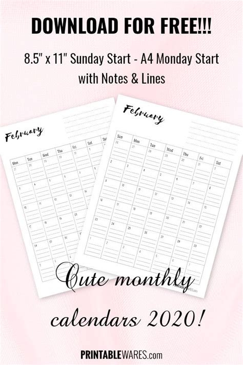 Blank Monthly Organizing Calendar With Lines February 2020 Monthly