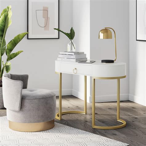 Leighton Small Oval Desk With Glam Brass Accents Vanity Or Writing Desk For Home Office White