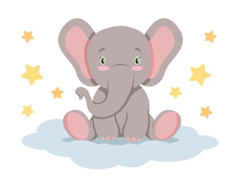 Lindo Bebé Elefante Sentado En La Nube Con Estrellas Vector Premium