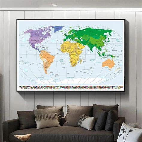 خريطة العالم بالأعلام الوطنية قماش غير منسوج ملصق فني جداري