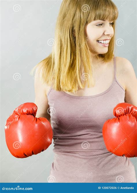 Happy Smiling Woman Wearing Boxing Gloves Stock Photo Image Of Gray