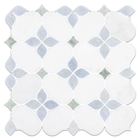 white thassos silhouette with blue celeste and ming green mosaic polis elon tile and stone
