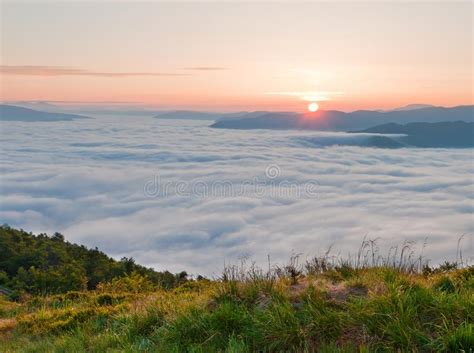 Sunrise Over Sea Fog Summer Mountain Landscape Stock Photo Image Of