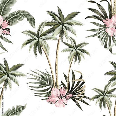 Tropical Vintage Hibiscus Flower Palm Tree Palm Leaves Floral