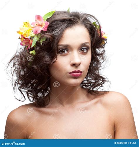 Attractive Brunette Woman With Flowers In Hair Stock Photo Image Of