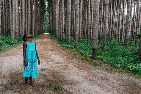 african american girl in blue dress on a forest road looking up by stocksy contributor gabi