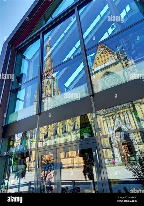 The Mariendom New Cathedral Reflected In The Glass Fa Ade Of The Hotel Am Domplatz In Linz