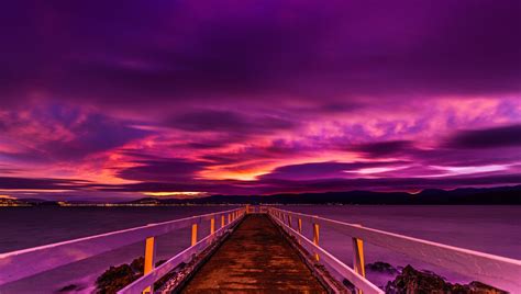 Purple Sunset Over Pier Hd Wallpaper Background Image