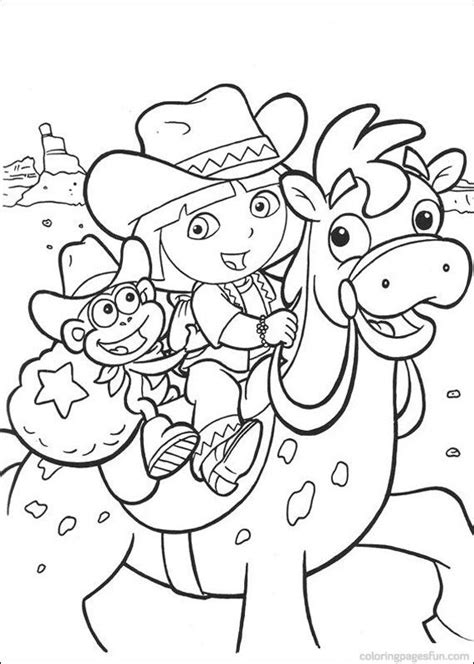 Dora the Explorer riding a horse with Boots coloring pages
