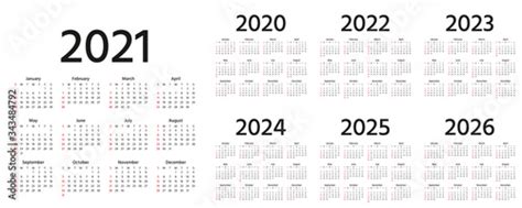 Calendar 2021 2022 2023 2024 2025 2026 2020 Years Vector