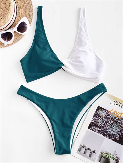 Zaful Colorblock Twisted Plunging High Leg Bikini Swimsuit Greenish