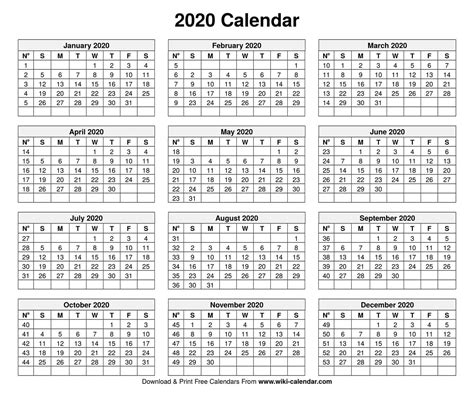 Printable Calendar Printable Calendar 2020 Free Download Yearly