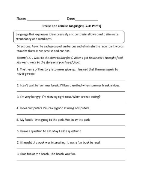 Precise And Concise Words L73a Language Worksheet Language