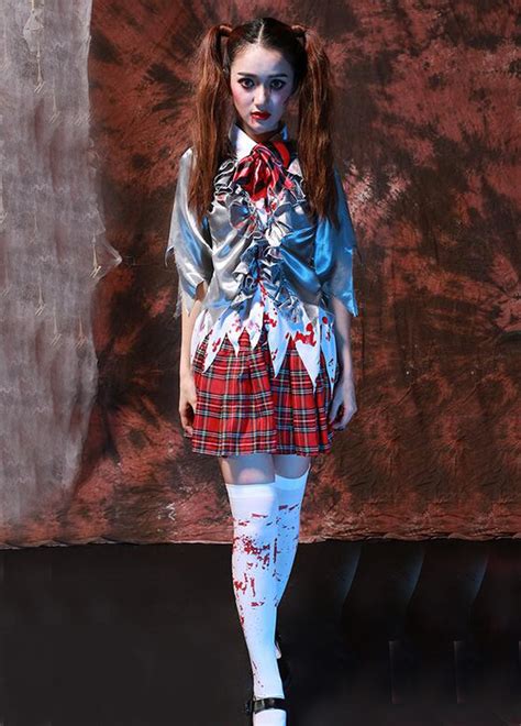 Womens Halloween Bloody Schoolgirl Costume Sexy Zombie School Girl