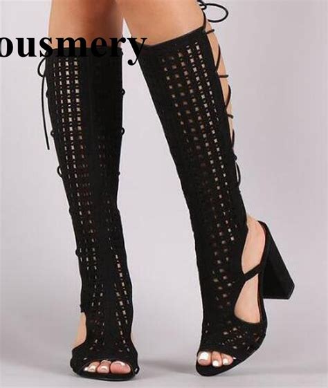 new design women fashion open toe suede leather lace up knee high gladiator boots cut out thick