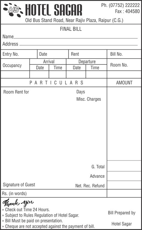 Hotel Bill Format Sample Printable Templates Free
