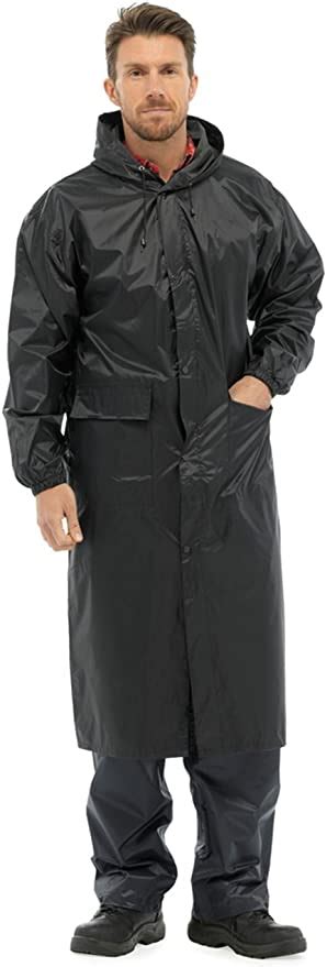 Mens Long Length Waterproof Hooded Rain Coatjacket Uk Clothing