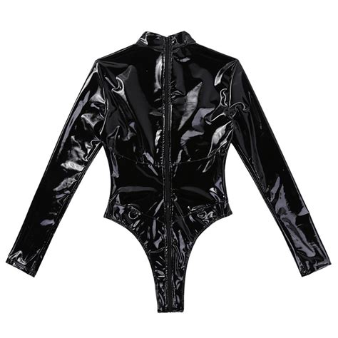 Women One Piece Wetlook Patent Leather Lingerie High Collar Long Sleeves Double Zipper Leotard