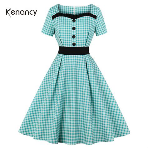 Kenancy Plaid Women Vintage Dress Summer Square Cut Neck Short Sleeve