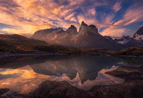 Mountain Chile Lake Sunrise Clouds Reflection Torres Del Paine