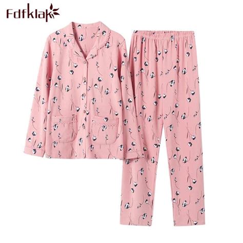 Fdfklak New Plus Size Cotton Pajamas Set Women Sleepwear Pijama Print Comfortable Home Suit