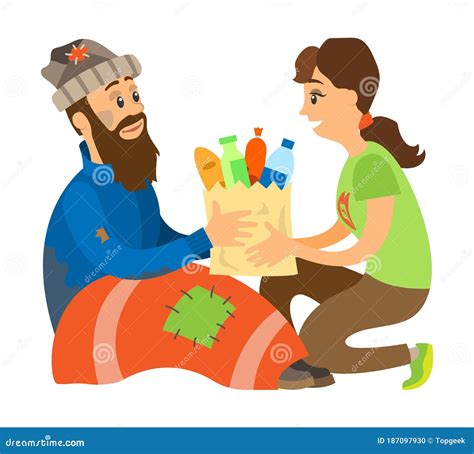 Vagrant Holding Meal Sharing To Homeless Vector Stock Vector