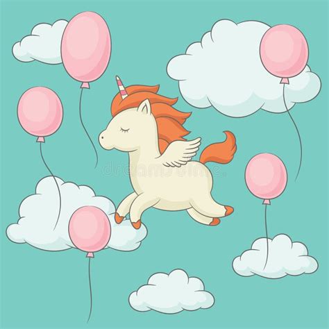 Happy Unicorn On The Rainbow With Clouds And Balloons Stock Vector