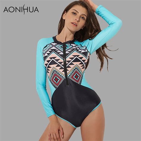 Aonihua 2018 Geometric Patchwork Bodysuit One Piece Surfing Swimsuits