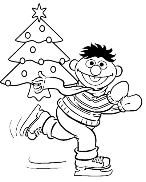 Kerst Ernie op de schaatsen kleurplaat