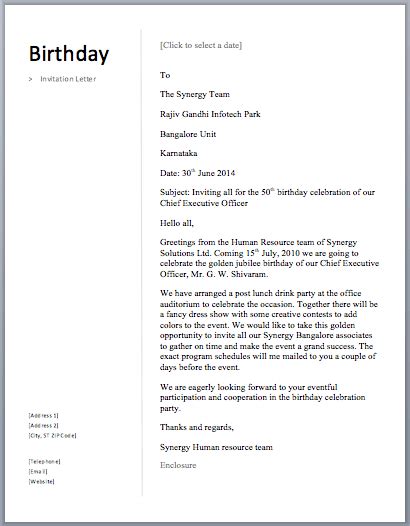 Birthday Party Invitation Letter Sample Best Design Idea
