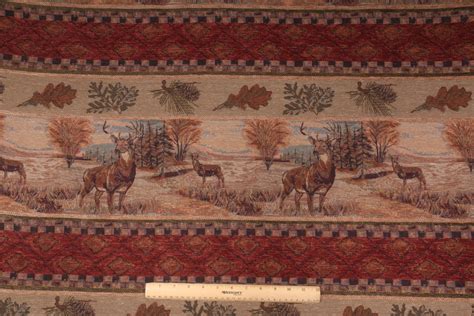 Chenille Tapestry Upholstery Fabric With Deer In Burgundy