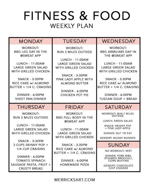 My Weekly Food And Exercise Schedule Merricks Art Workout Schedule