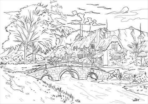 Village enneigé  Paysages  Coloriages difficiles pour adultes