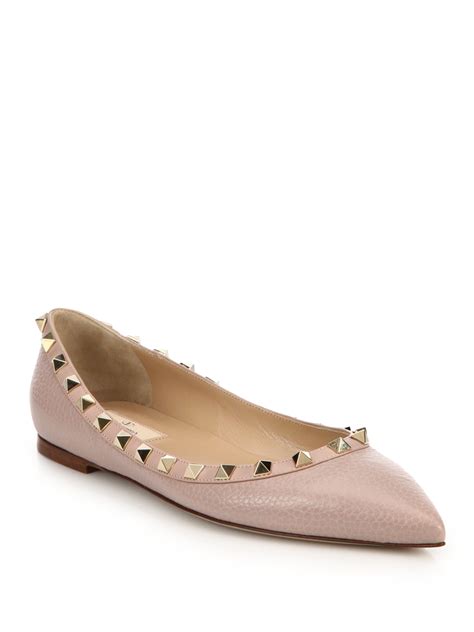 Valentino Rockstud Pebbled Leather Flats In Pink Lyst