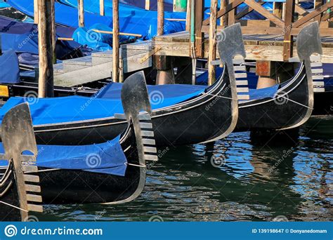 Close Up Of Moored Gondolas At Piazza San Marco In Venice Italy Stock