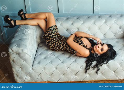 Sensual Brunette Woman Posing On Sofa Women Fashion Girl With Perfect