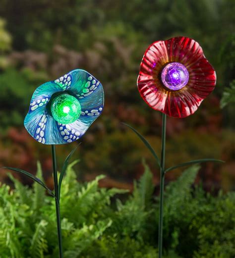 Solar Red Glass Flower Garden Stake Wind And Weather