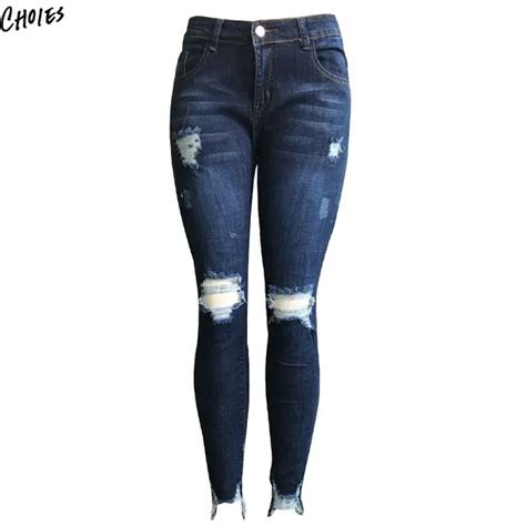 Dark Blue Lightwash High Waist Slim Skinny Jeans Hole Ripped Jean 2018