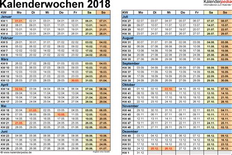 Kalenderwochen 2018 Mit Vorlagen Für Excel Word Und Pdf