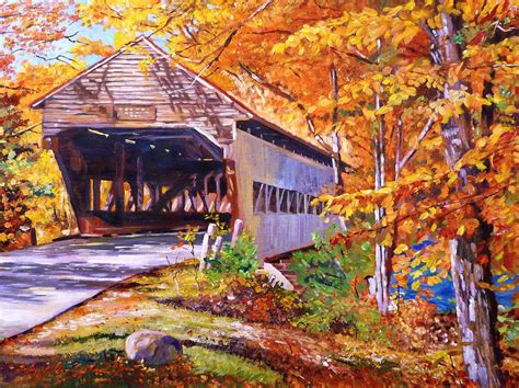 Autumn Love Story By David Lloyd Glover Covered Bridge Painting