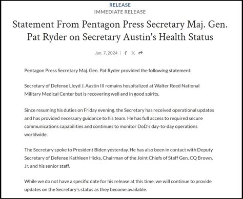 Pentagon Releases New Statement On Defense Secretary Lloyd Austin Still