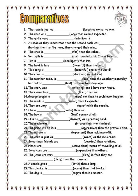 30 Sentences Degrees Of Comparison Of Adjectives Esl Worksheet By