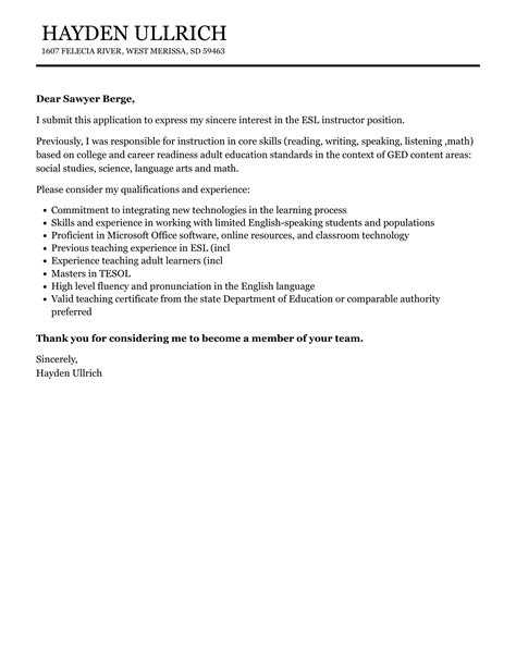 ESL Instructor Cover Letter Velvet Jobs