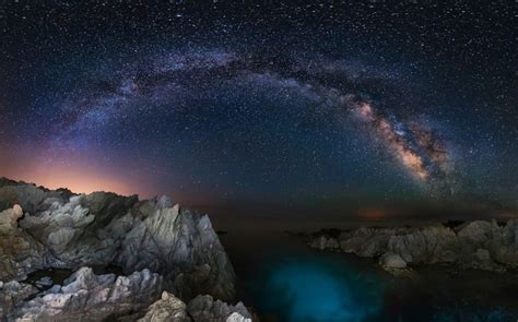 Starry Night Milky Way Sea Way Long Coast Landscape Night Rock