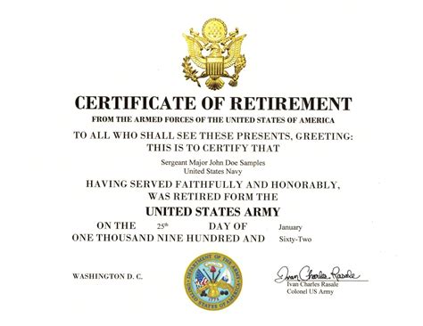 US Army Retirement Certificate - Military Certificates, Medals and More